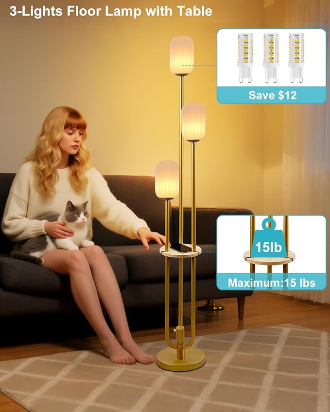 Lightdot Dimmable Floor Lamp with Shelf, Modern Gold Tall Floor Lamps with Oval Striped Lampshade for Wedding/Party, 3000K Soft Warm White 3-Lights Standing Lamp for Living Room/Bedroom