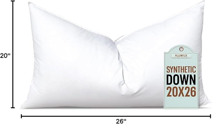 Pillowflex Synthetic Down Pillow Insert - 20x26 Down Alternative Pillow, Ultra Soft Standard Bed Sleeping Pillow, Large Rectangle Sham - 1 Decorative Pillow Form