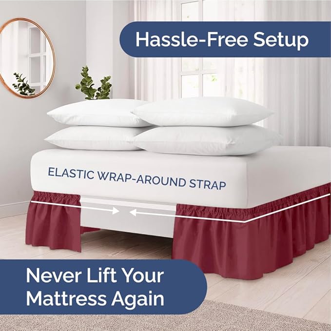 Wrap Around Dust Ruffle Bed Skirt - Burgundy - Twin/Twin XL Size Beds with 24 Inch Drop - Easy Fit Elastic Strap - Adjustable Pleated Bedskirt w/Brushed Fabric Wrinkle Free - Women, Men, Kids & Teens