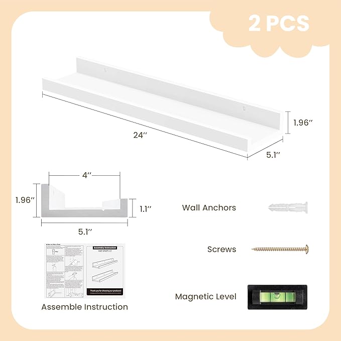 Fun Memories Picture Ledge Shelf, Pine Wood Floating Shelves Set of 2, 24 inch Nursery Book Shelves, Photo Ledge Book Shelves Wall Mounted for Living Room Kids' Room Bedroom - White