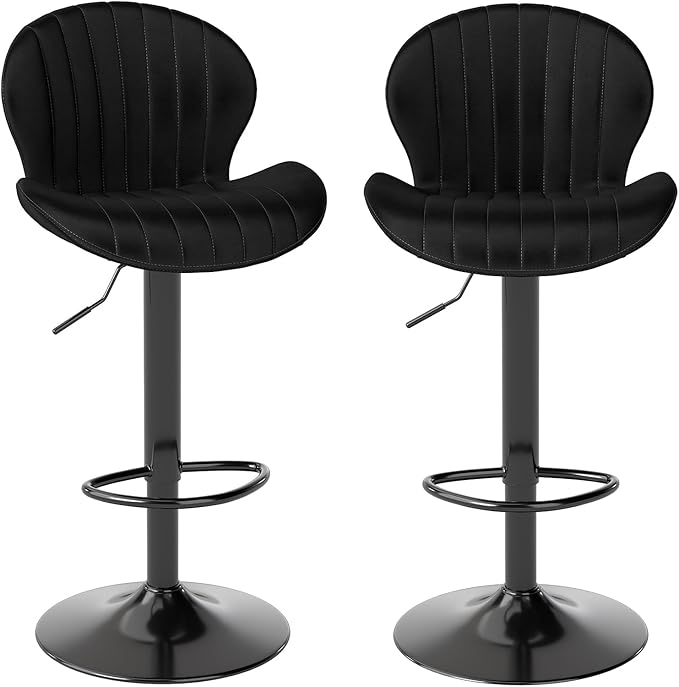 Youhauchair Modern Bar Stools Set of 2, Velvet Height Adjustable Swivel Barstools, Armless Kitchen Island Counter Chairs with Back & Footrest, Black