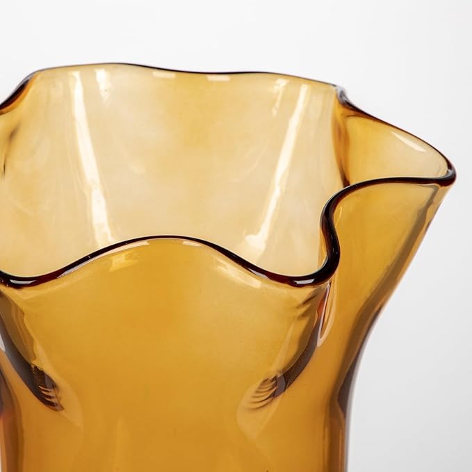 8 inch Amber Glass Vases Clear Flower Vases for Centerpiece, Large Crystal Vases for Flowers Wide Mouth Vase for Home Office Living Room Shelf Wedding Decor (Amber)