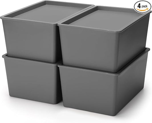 Menkxi 4 Pcs Storage Bins with Lids Plastic Stackable Containers for Organizing Shelves Christmas Ornament Box Baskets(Gray,Large)