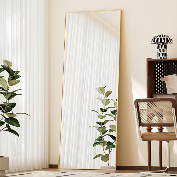 BEAUTYPEAK Full Length Mirror with Stand, 56"x21" Floor Mirror with Aluminum Alloy Thin Frame, ShatterVue Tempered Full Body Mirrors, Free Standing or Wall-Mounted Mirrors for Living Room, Gold