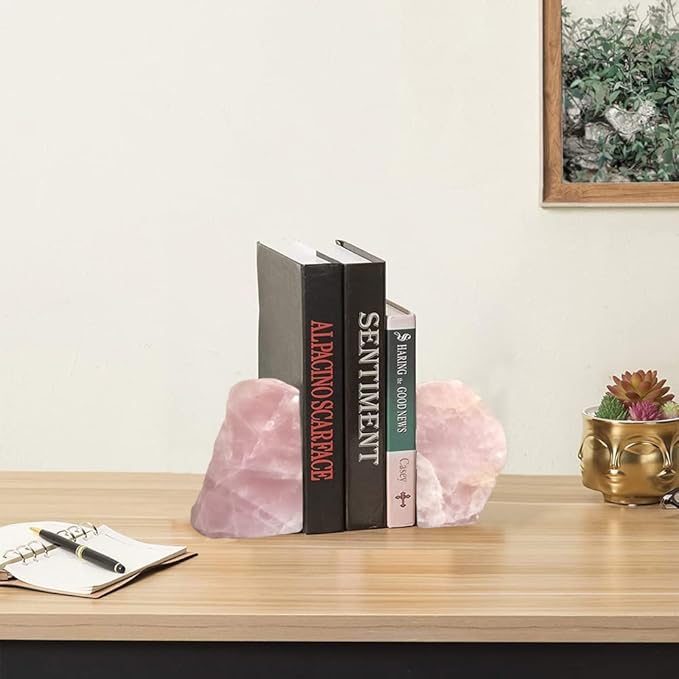 Natural Rose Quartz Bookends Decorative Crystal Book Ends Pink Stone Heavy Duty Gemstone Bookend 1 Pair 3-4 LBS