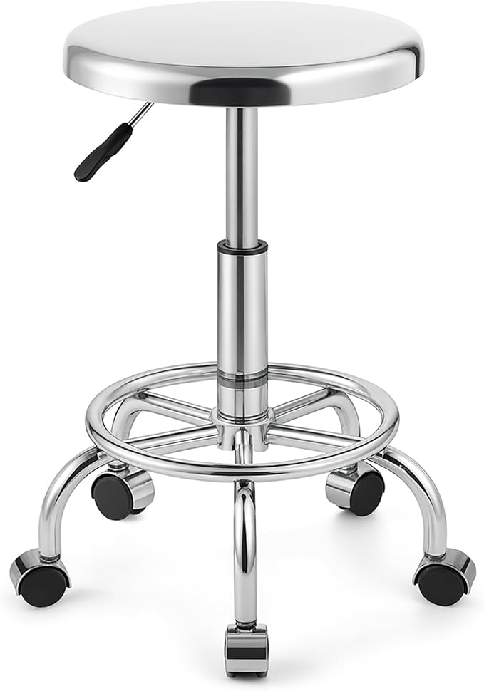 Heavy Duty Stainless Steel Stool for Work Bench, Adjustable Swivel Stool with 5 Wheels, 304 Stainless Steel Structure, Round Cushion, Load-Bearing 450 Ib