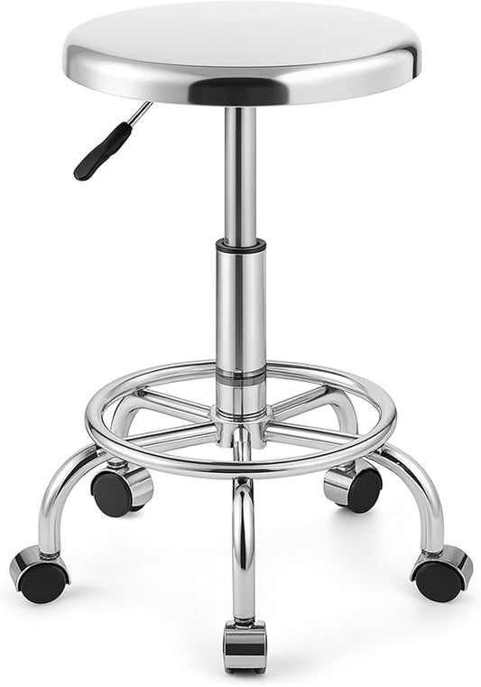 Heavy Duty Stainless Steel Stool for Work Bench, Adjustable Swivel Stool with 5 Wheels, 304 Stainless Steel Structure, Round Cushion, Load-Bearing 450 Ib