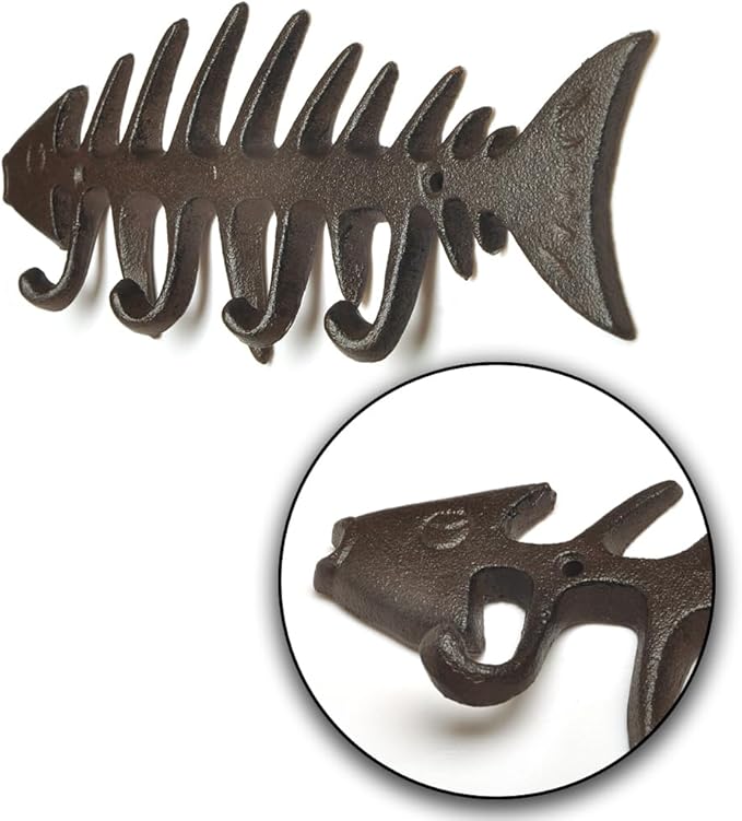 Cast Iron Decorative Fish Bone Wall Mounted Key Hooks Towel Rack Coat Hooks Holder Vintage Home & Wall Decor -with Screws - Brown