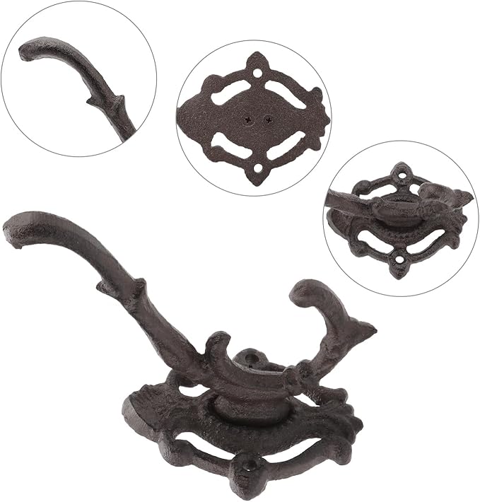 Cast Iron Hooks for Wall Rustic Coat Rack Wall Mount Double Coat Hook Unique Heavy Duty Coat Hooks Wall Decorative Hook for Hallway Hang Clothes Hats 2 Pcs (Double Hook)