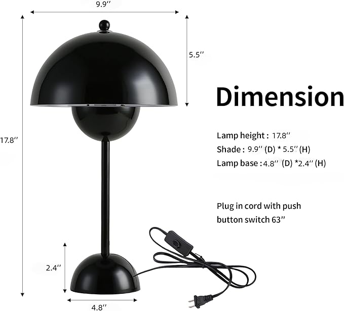 COSYLUX Modern Small Table Lamp for Bedroom, Cute Dome Shade Reflecting Light Reading Lamp for Living Room, Kid's Room, Study, Office, Beside Bedside Nightstand Desk Lamp(Bright Black)
