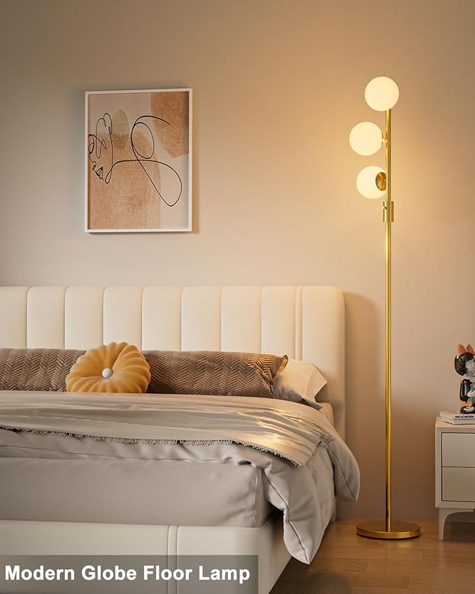 Lightdot 64IN Dimmable Globe Floor Lamp, Gold Standing Lamps with 3pcs 3000K G9 Bulbs Soft Warm White Eye Care, Mid Century Floor Lamp for Living Room
