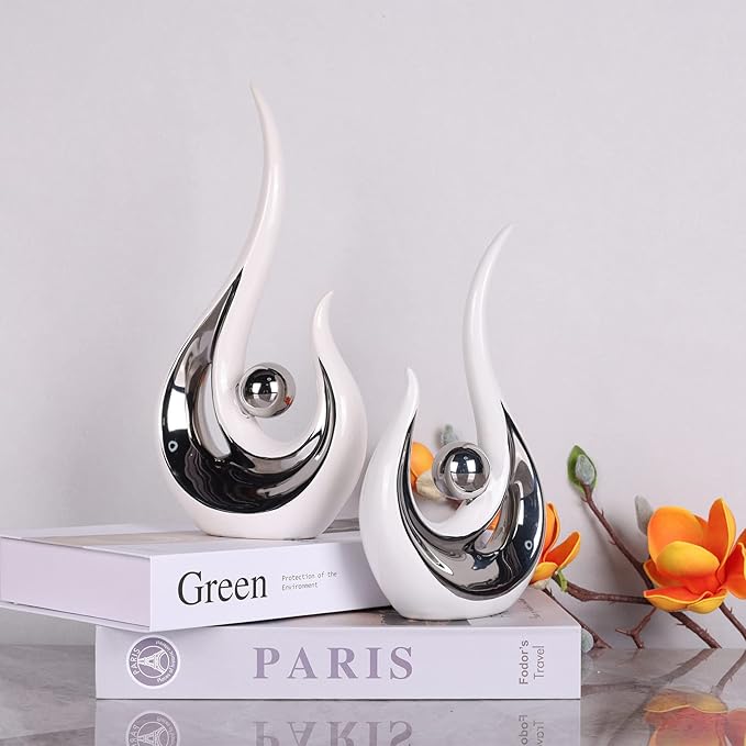 DOVDOV Abstract Ceramic Statues Set of 2, Silver and White Home Decor, Now Decorative Centrepieces, Consoles, Shelves, Dining Table Centrepieces, Entry Table Decor Aesthetics