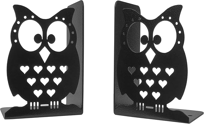 Metal Bookends, Owl Design, Black, 1 Pair, 6 Inch Tall