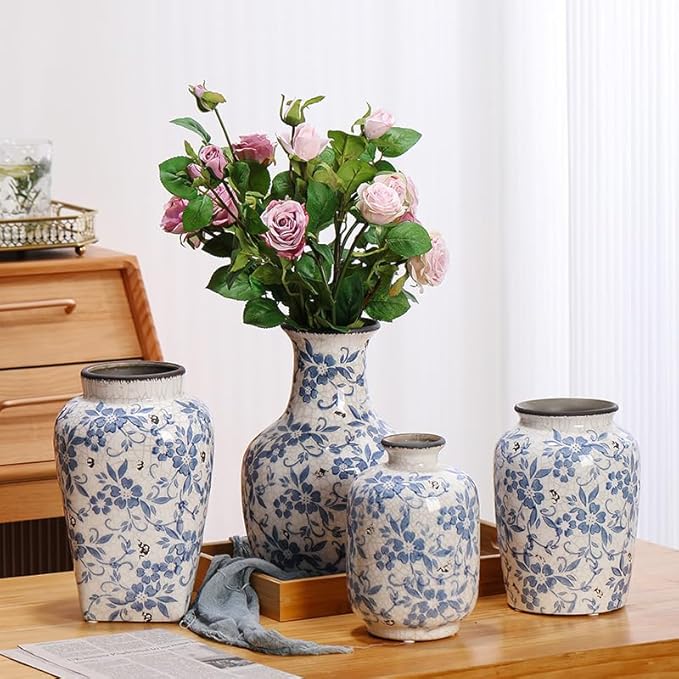 Decorative Ceramic Flower Vase, Blue and White Floral Pattern, 11''Flower Ceramic vase