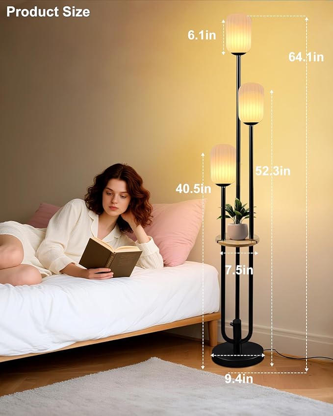 ACOHOOK Floor Lamp for Living Room, Dimmable Vintage Floor Lamp with Shelf & LED Bulbs, 3 Light 3000K Soft Warmwhite Mid Century Standing Lamp, Tall Lamps for Bedroom Office