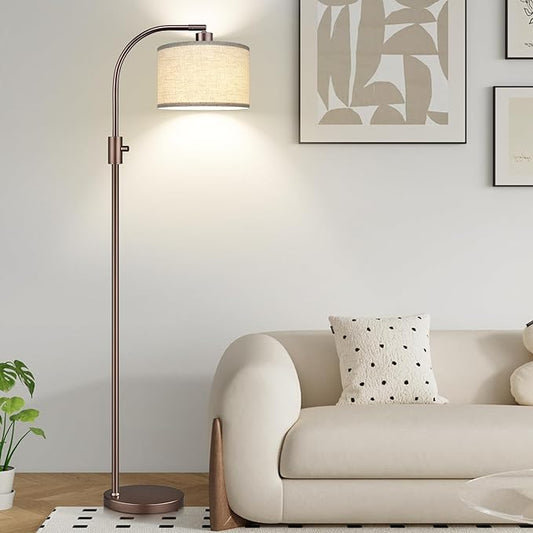 Upgraded Dimmable Floor Lamp, 1200 Lumens LED Bulb Included, Bronw Arc Floor Lamp with Linen Shade for Living Room, Bedroom, Reading Room, Nursery