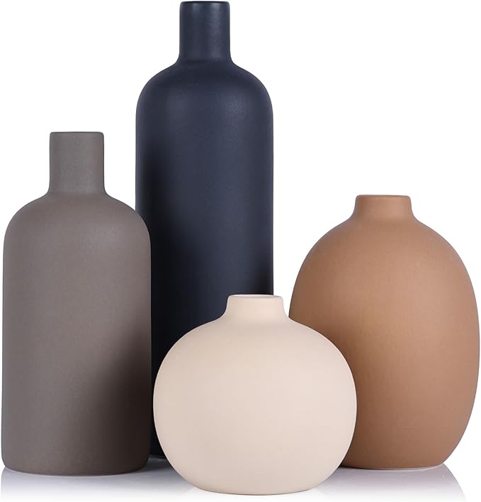 Ceramic Vase Set of 4, Modern Vases Home Decor, Neutral Decorative Vase for Bouquet Pampas Grass Dried Fresh Flowers, Small Vase for Living Room, Kitchen, Bedroom, Bathroom, Entryway Mantel, Decor