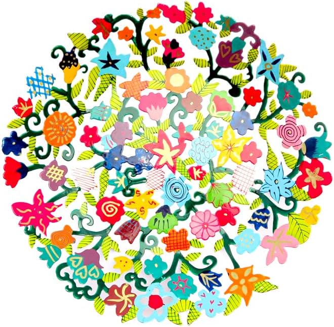 Emanuel Yair Decorative Metal Fruit Bowl | Vibrant Hand Painted Bowl | Hangable Centerpiece for Home Decor and Gifting | Judaica Art (14 inch, Flowers)