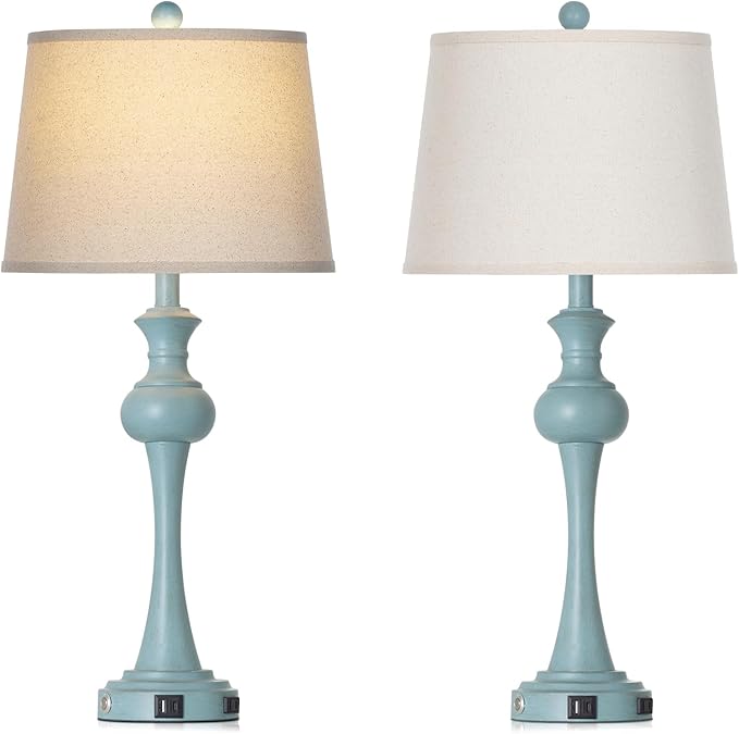 29" Coastal Table Lamp Set of 2, 3-Way Dimmable Touch-Control Bedside Lamps with USB-A+C Ports, Vintage Farmhouse Nightstand Lamps for Bedroom, Retro Blue (Includes 2 LED Bulbs)