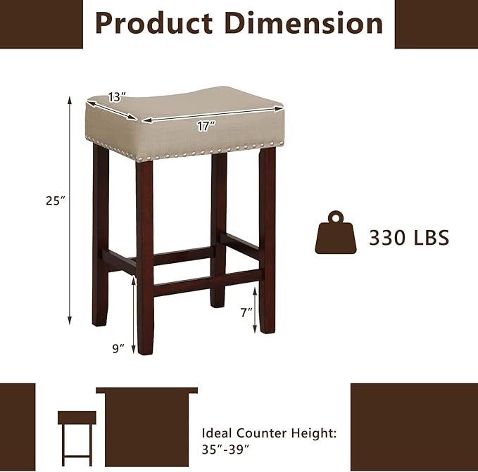 Giantex 25" Counter Height Bar Stools Set of 2 - Backless Saddle Barstools with Nailhead Linen Foam Seat, Max Load 330 Lbs Wood Bar Stools with Foot Rest for Kitchen Island, Khaki