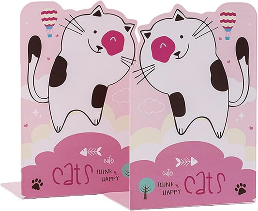 2 Pack Metal Bookends,Non-Slip Cute Cat Cartoon Book Stopper,5.3"x3.9"x8"Heavy Duty Premium Decorative Book End, Supports for Kids Children Shelves,School,Room,Office,Learning Gifts