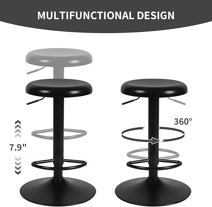 Adjustable Bar Stools, Swivel Backless Round Metal Airlift Barstools with Footrest, Counter Height Bar Chairs Set of 2 for Kitchen, Pub, Cafe, Black