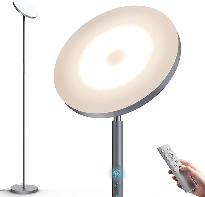 WOWLUMEN Floor Lamp,Bright 36W 3500LM Standing Lamp with Remote, 2700K Soft White to 6500K Cool White Adjustable,Touch Control Dimmable Torchiere Tall Light for Living Room,Bedroom,Office,Sofa(Gray)