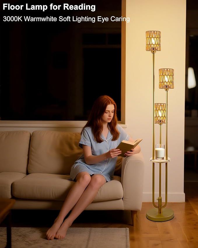 Lightdot Dimmable Boho Floor Lamps for Living Room, 3-Lights Rattan Floor Lamp with Shelves, 3000K Warmwhite Farmhouse Floor Lamp Candle Holder Style, Rustic Gold Standing Lamp with Bulbs Included