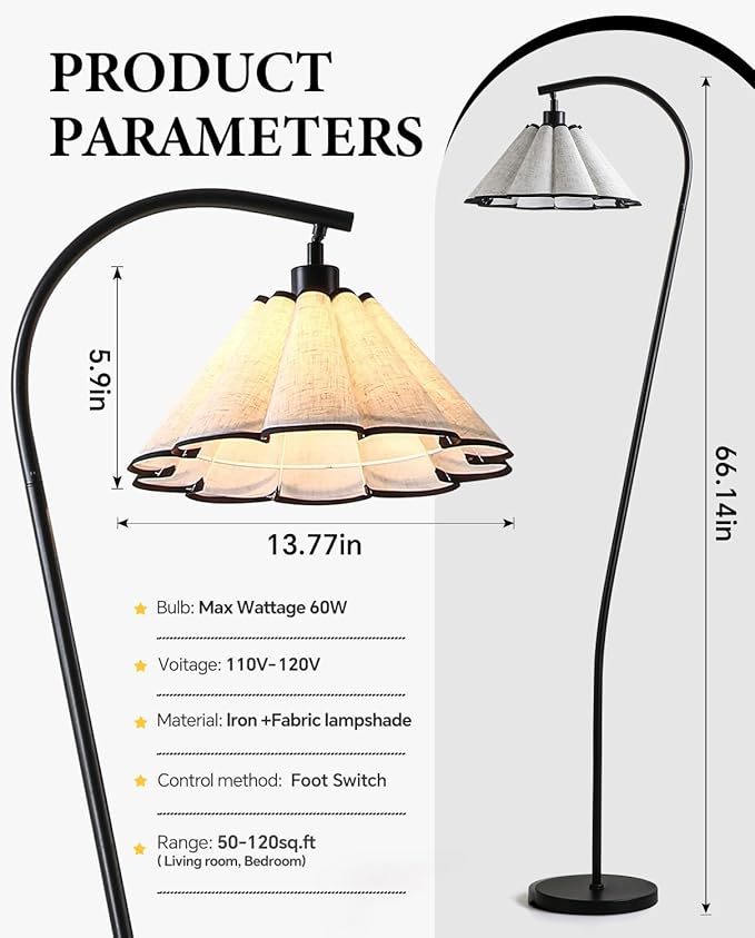 Omlaamy Floor Lamp with Pleated Linen Lampshade, Modern Flower Floor Lamp for Living Room Arc Standing Lamp, Gold Tall Lamp for Bedroom Office Dining Room, Bulb Included (Black + Black, 66.1IN)