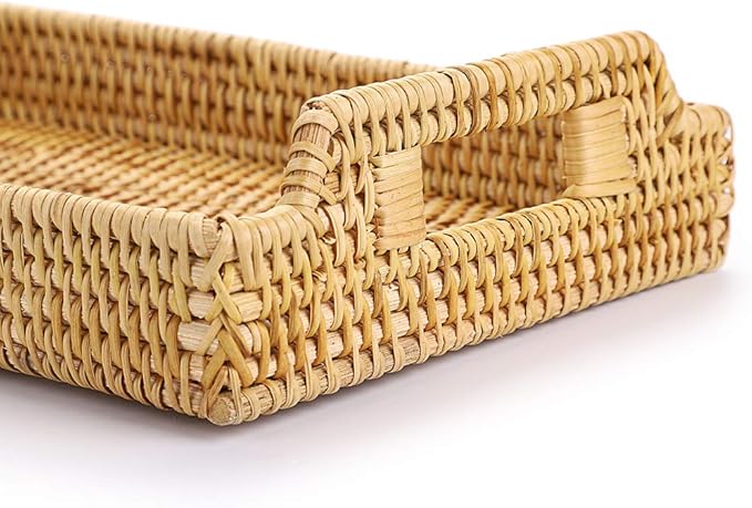 Hipiwe Rattan Serving Tray with Handles - Hand-Woven Decorative Tray for Storage Breakfast, Drinks, Snack,Rectangular Basket Organizer Tray for Coffee Table, Home Decor (Small)