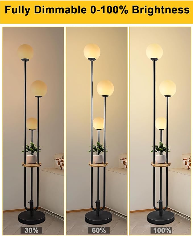 ACOHOOK 63IN Dimmable Floor Lamp with Shelf, Unique Globe Black Tall Standing Lamps Candle Holder Style, 3000K Warmwhite Mid Century Modern Floor Lamp for Living Room Home Office(Bulbs Included)