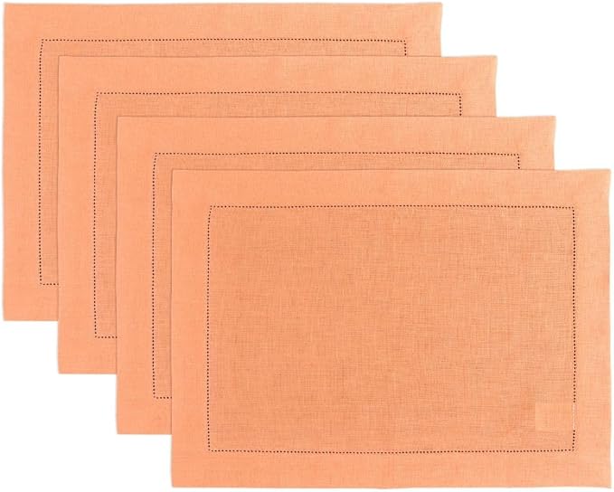 Solino Home Linen Cloth Placemats Set of 4-100% Pure Linen Hemstitch Coral Placemats 14 x 19 Inch - Classic Hemstitch Table Place Mats for Valentines, Spring, Easter