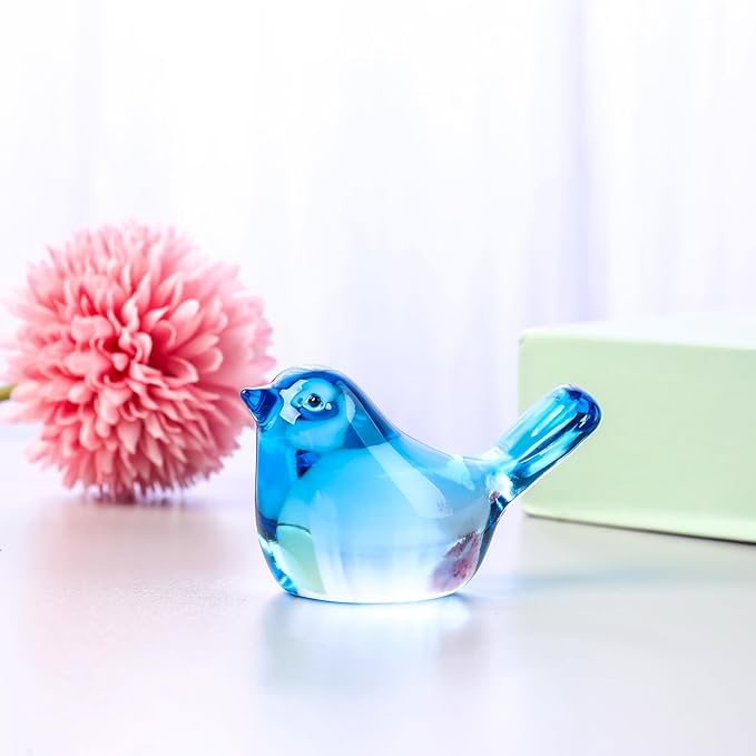 YWHL Handmade Crystal Blue Bird Figurines, Animals Gifts for Birds Lovers Women Men, Art Glass Birds Collectible for Home Decor, Desk Table Home Office Decoration