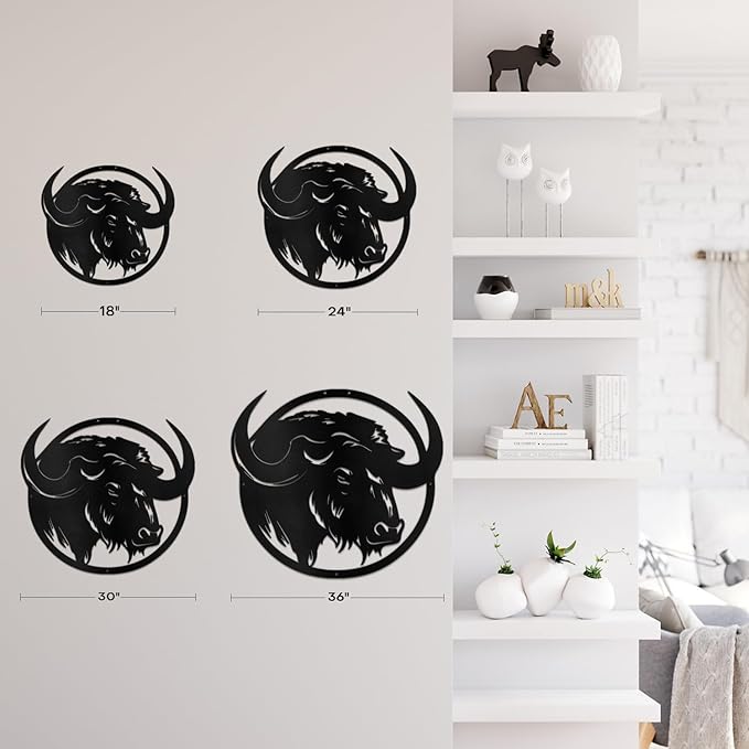 SIGNLEADER Metal Wall Art Decor Majestic Buffalo Circular Frame Minimalist Modern Abstract Wall Sculpture Hangings Home Decoration for Living Room, Bedroom, Bathroom, Kitchen, Outdoor - 18" Black