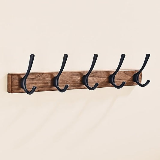 17.3" Small Walnut Wood Coat Rack Wall Mount with 5 Hooks, Heavy Duty Wooden Jacket Hanger Door Mounted for Decorative Entryway and Bathroom Hanging Towel Backpack Purse Clothes Hat Key