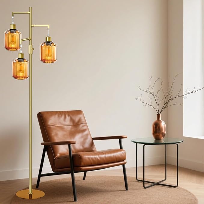 LVYE Gold Floor Lamp for Living Room, Modern Mid Century Standing Lamp with Amber Glass Shade, Dimmable Tall Tree Lamp with 3×6W LED Bulbs, Tall Lamp for Bedroom Office