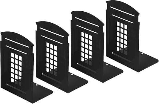 MerryNine 4 Pack Book Ends, Metal Bookends for Shelves, Telephone Booth Decorative Bookends, Non Skid Heavy Bookends, Book, Magazine or CD Organizers for Home and Office (Black-4pcs)