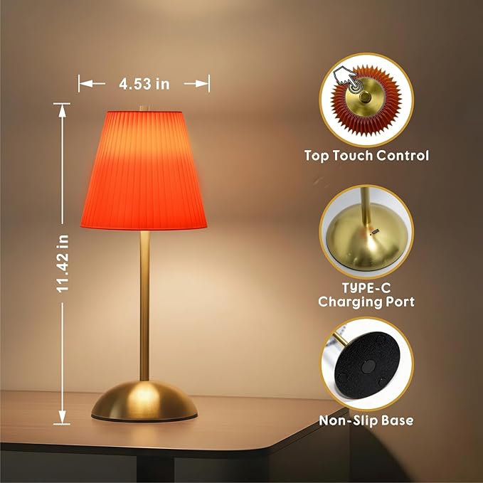 Set of 2 Cordless Table Lamps Rechargeable, 3CCT & Stepless Dimming, LED Wireless Outdoor Table Lamp with Touch Activation for Tabletop Bedside Patio, 12 * 5 Inches (Tangerine Orange)
