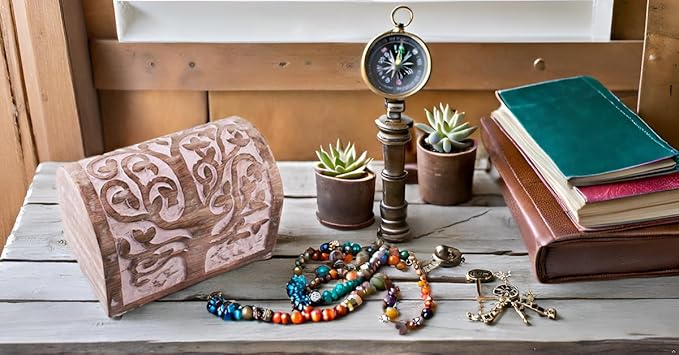 Great Birthday Gift Ideas Handmade Decorative Wooden Jewelry Box With Tree of Life Carvings Jewelry Organizer Keepsake Box Treasure Chest Trinket Holder Watch Box Storage Lock Box (Pink)