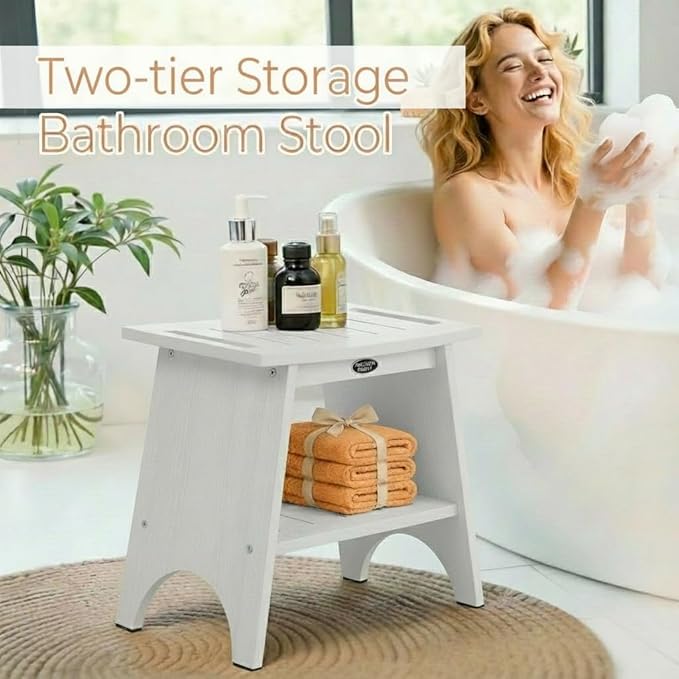Shower Benches for Inside Shower to Sit On, Shower Stool for Shaving Legs, 500lbs Shower Chair With Space-Efficient Storage Shelf, Waterproof Shower Seat for Spa Bathroom, Indoor or Outdoor Use(White)