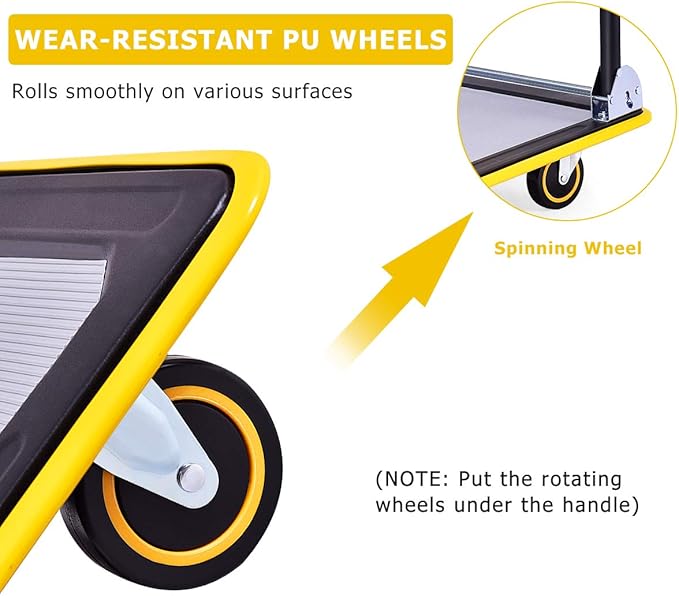S AFSTAR Folding Push Cart Dolly, Rolling Platform Cart for Garage Warehouse, Portable Flatbed Cart with Non-Slip Swivel Casters (330Lbs Load-Bearing Capacity, Yellow)