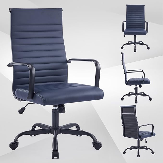 Haranuo Office Chair, Ergonomic Executive Conference Room Chairs, Ribbed Leather Desk Chair with Lumbar Support, Adjustable Height Mid-Back Swivel Chair with Padded Seat