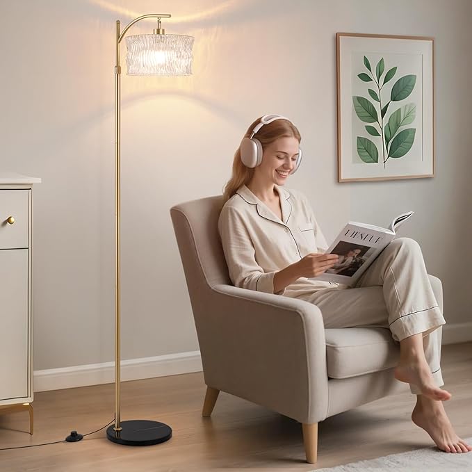 JERANDO Dimmable Glass Floor Lamp for Living Room, Modern Gold Standing Lamp with Remote Control, Vintage Clear Glass Lampshade Tall Lamp for Bedroom Study Room(LED Bulb Included)