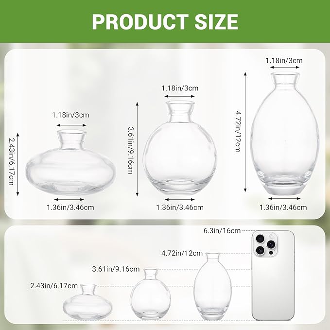 Suream Bud Vases Set of 3, Clear Small Vases for Flowers, Glass Vase for Table Centerpieces, Christmas, Wedding, Party, Events Decor