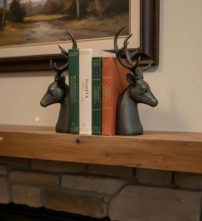 Comfy Hour 15" Tall Deer Head Decorative Bookends, Unique Antique Bronze Stag Buck Statues for Shelves, Heavy Duty Resin Animal Book Ends for Heavy Books, Rustic Lodge Cabin Decor, 1 Pair