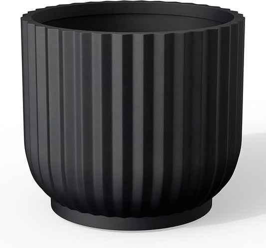 Kante Round Fulted Planter, 11 Inch Dia Large Concrete Plant Pots with Drainage Hole and Rubber Plug, Modern Decor for Indoor Outdoor Plants, Flower, Black