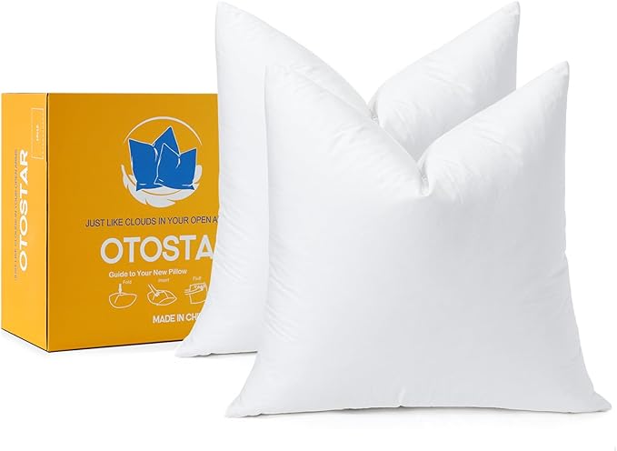 OTOSTAR Pack of 2 Down and Feather Throw Pillow Inserts, 26 x 26 Soft Fluffy Square Pillow Inserts with 100% Cotton Cover Decorative Pillows for Sofa Couch Bed-White