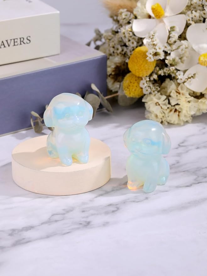 Jovivi Opalite Crystal Sitting Dog Statue Home Decor 1.6" Carved Gemstone Puppy Dog Figurines Pocket Sculpture Reiki Healing Stones Decorative Ornament Gift