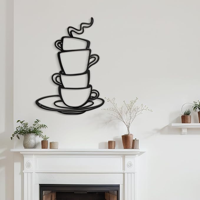 SIGNLEADER Metal Wall Art Decor Coffee Cup Modern Abstract Wall Sculpture Hangings Home Decoration for Living Room, Bedroom, Bathroom, Kitchen, Outdoor - 18" Black