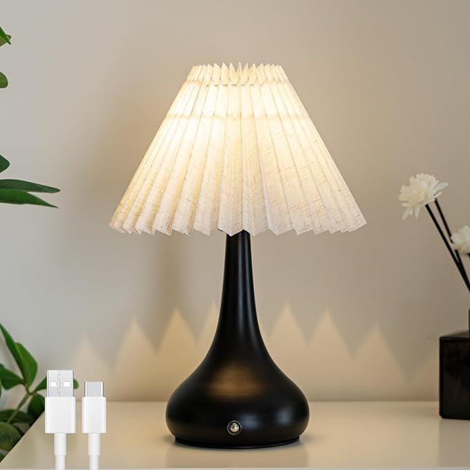 MJ PREMIER Cordless Lamp, Rechargeable Table Lamp with Touch Control, Metal Base, Easy Assembly, Stepless Dimming Pleated Lamps for Bedroom/Tabletop/Corner/Entryway (White)